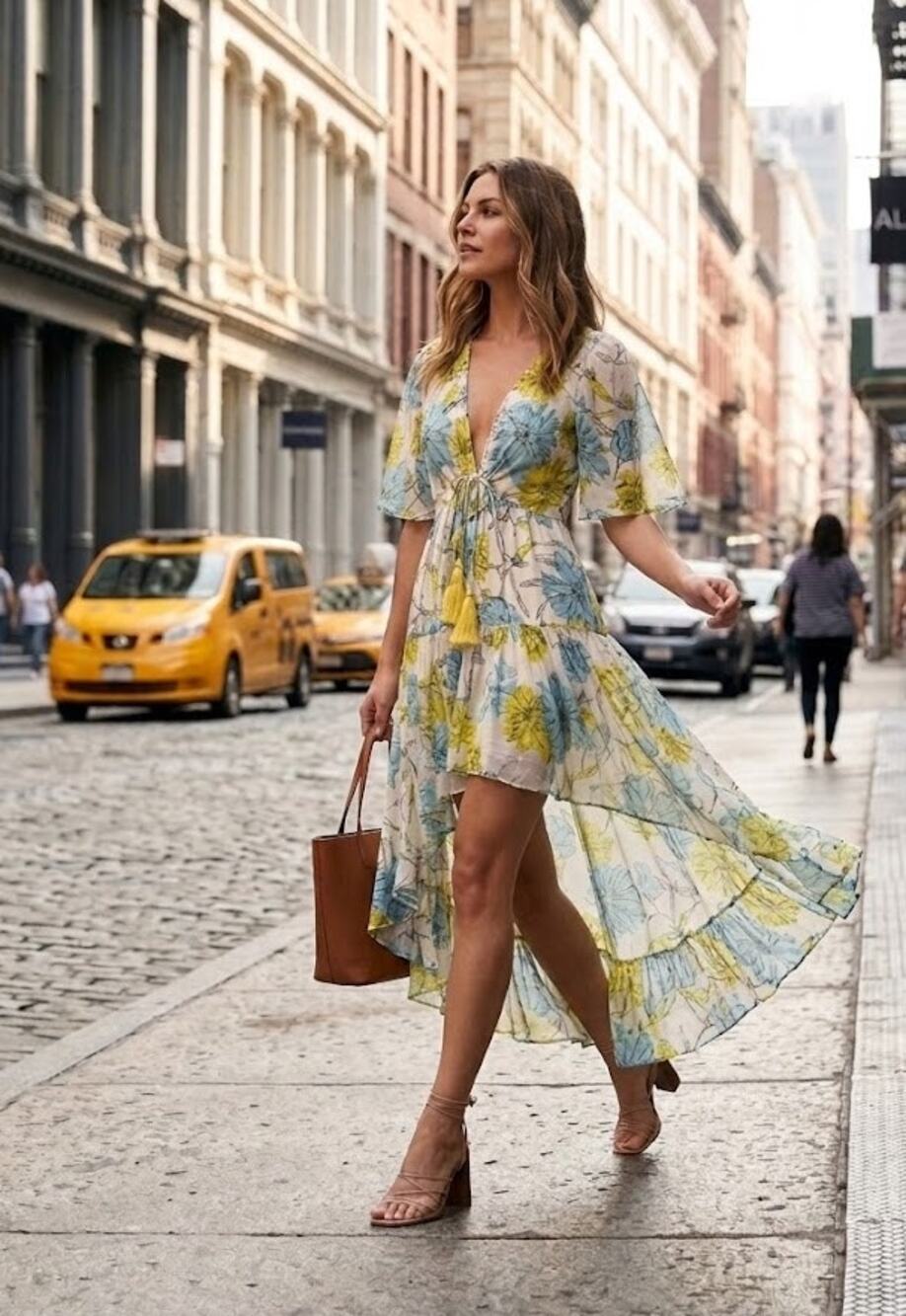 Alexis Floral Hi-Low Midi Dress | Citron & Dusty Blue Boho Summer | Size L 🌼